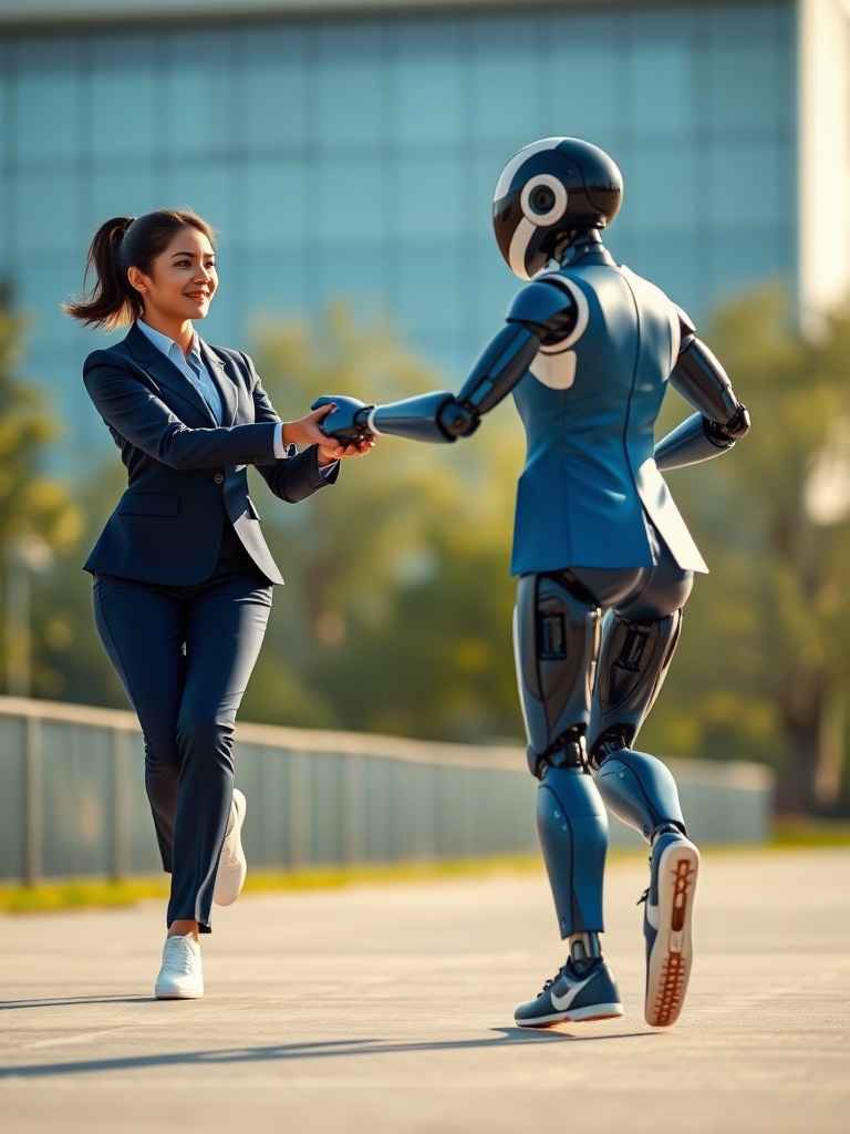 A woman in a blue suit joyfully dancing with a humanoid robot outside a modern building, in daylight.