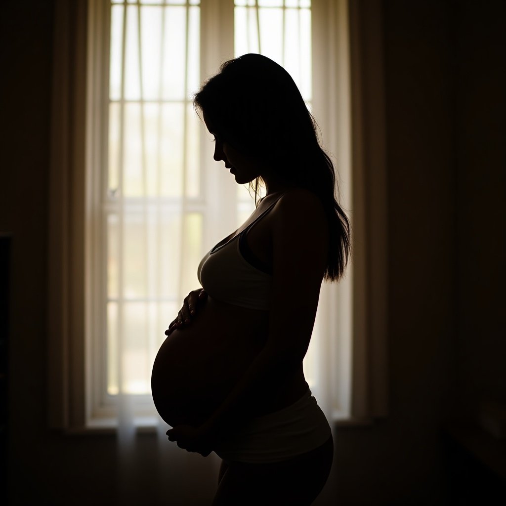 Silhouette of a pregnant woman standing near a window. Woman gently cradles her belly. Soft lighting and serene room create a peaceful atmosphere.