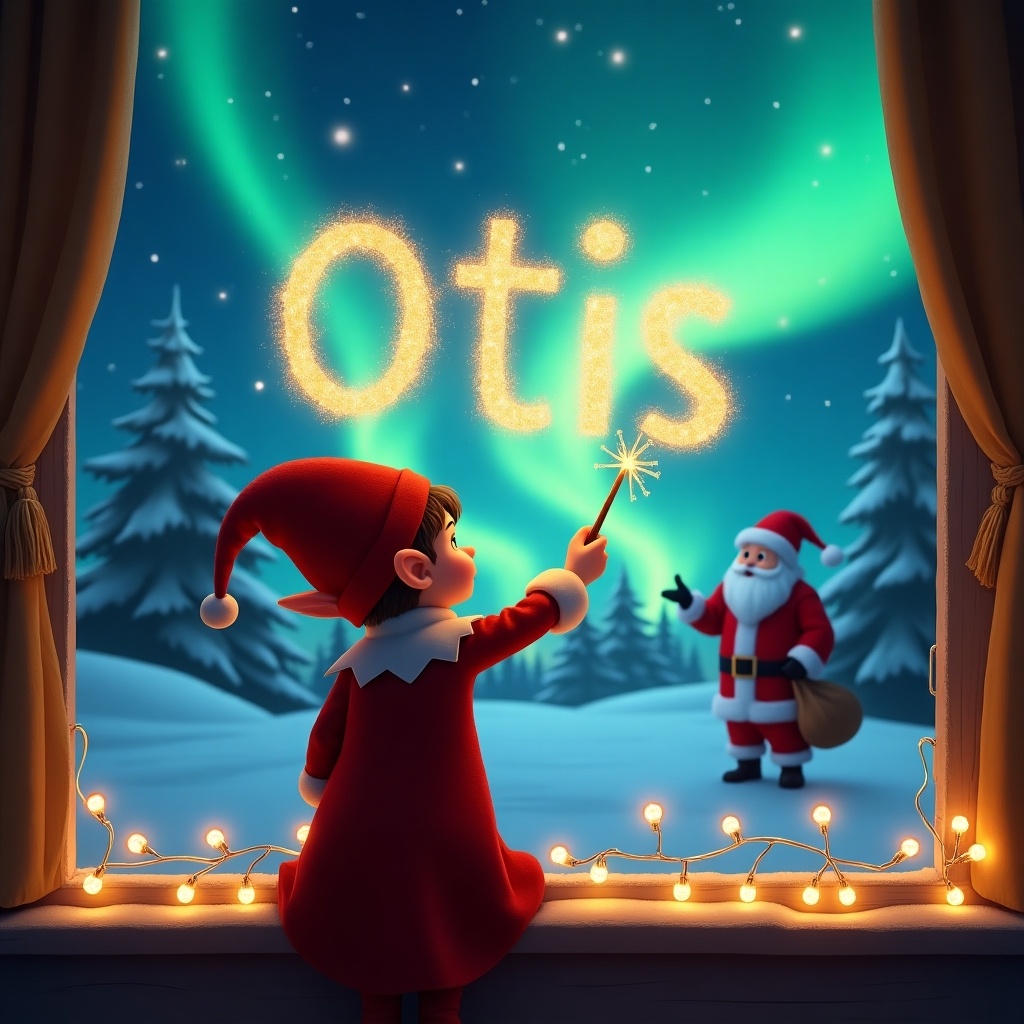 The image showcases a child-like elf character with their back to the viewer, facing a magical sky filled with vibrant northern lights. The elf, dressed in a classic red outfit with a pointed hat, is using a wand to write the name 'Otis' in sparkling letters against the backdrop. In the background, Santa Claus can be seen holding a bag, adding to the festive atmosphere. The scene conveys a sense of wonder and holiday joy, decorated with twinkling lights along the window's edge. Overall, it embodies the spirit of Christmas and the enchantment of childhood.