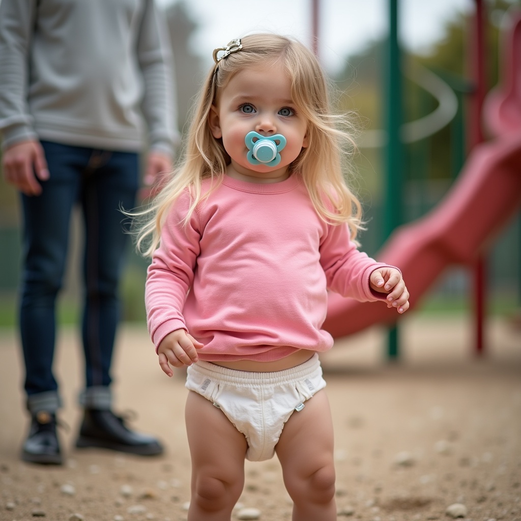 A young girl, around two to three years old, is standing in a playground. She has long blond hair and striking emerald green eyes. She's wearing a long sleeve pink t-shirt and a diaper, paired with Velcro strap shoes. A pacifier is in her mouth, giving her a cute appearance. In the background, her parents are present but slightly blurred to focus on her. The playground features a slide and is filled with soft ground material, capturing the essence of playful outdoor activities.