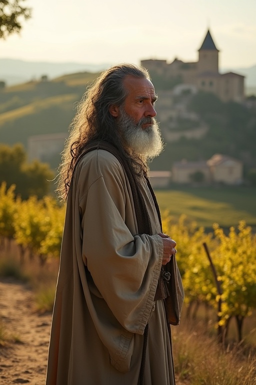 Old ascetic priest with long grey and black hair. Dressed in a natural-colored ceremonial robe. Stands on a hill with a landscape of southern France behind.