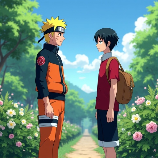 Naruto and Luffy are standing in a beautiful garden. The scene captures the essence of friendship and adventure. A light breeze flows through the trees. The sun shines brightly illuminating the lush greenery around them.