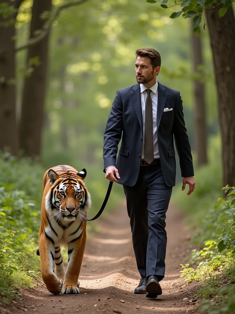 A man walks on a forest path. A tiger is on a leash beside him. The man wears business attire. The setting has lush green trees and sunlight.