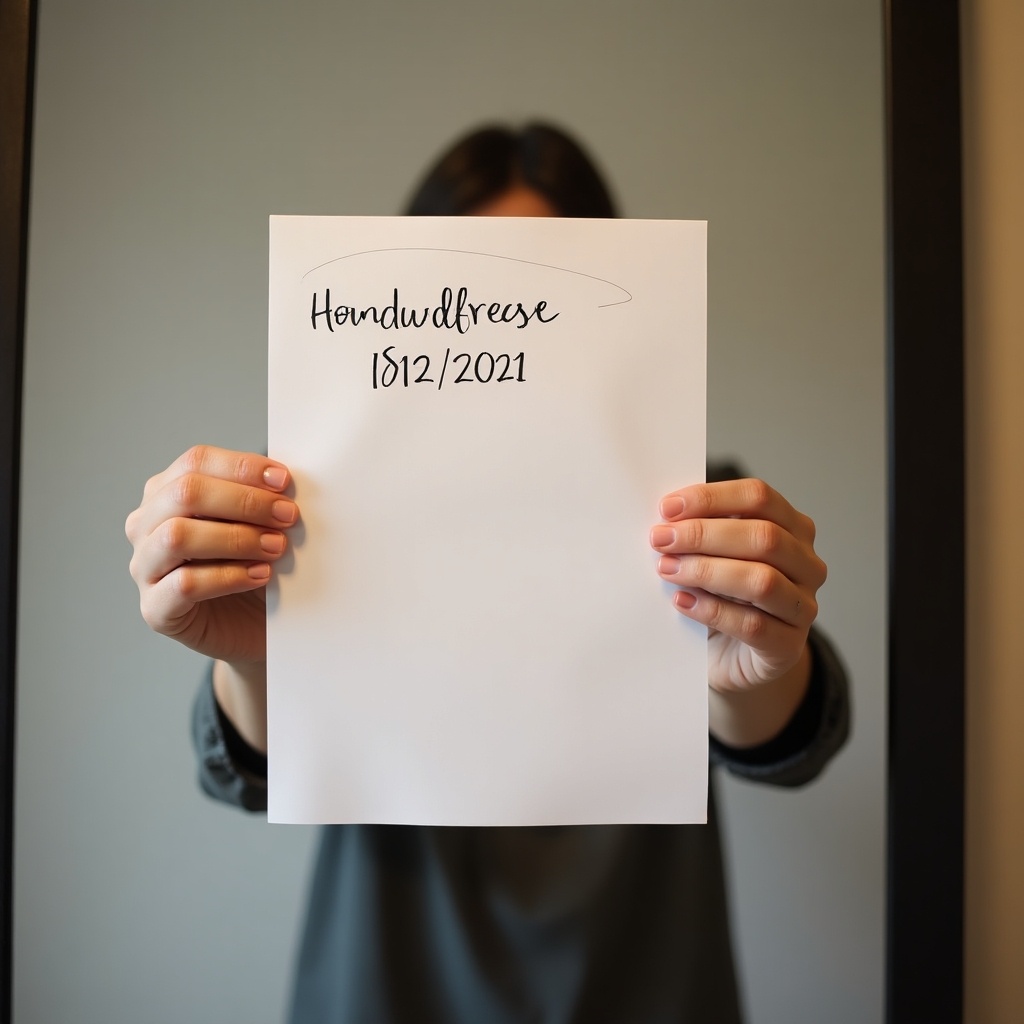 A person holds a piece of paper showing a handwritten email address and a date. The setting is a neutral indoor space with soft lighting. The focus is on the paper and the person's hands.