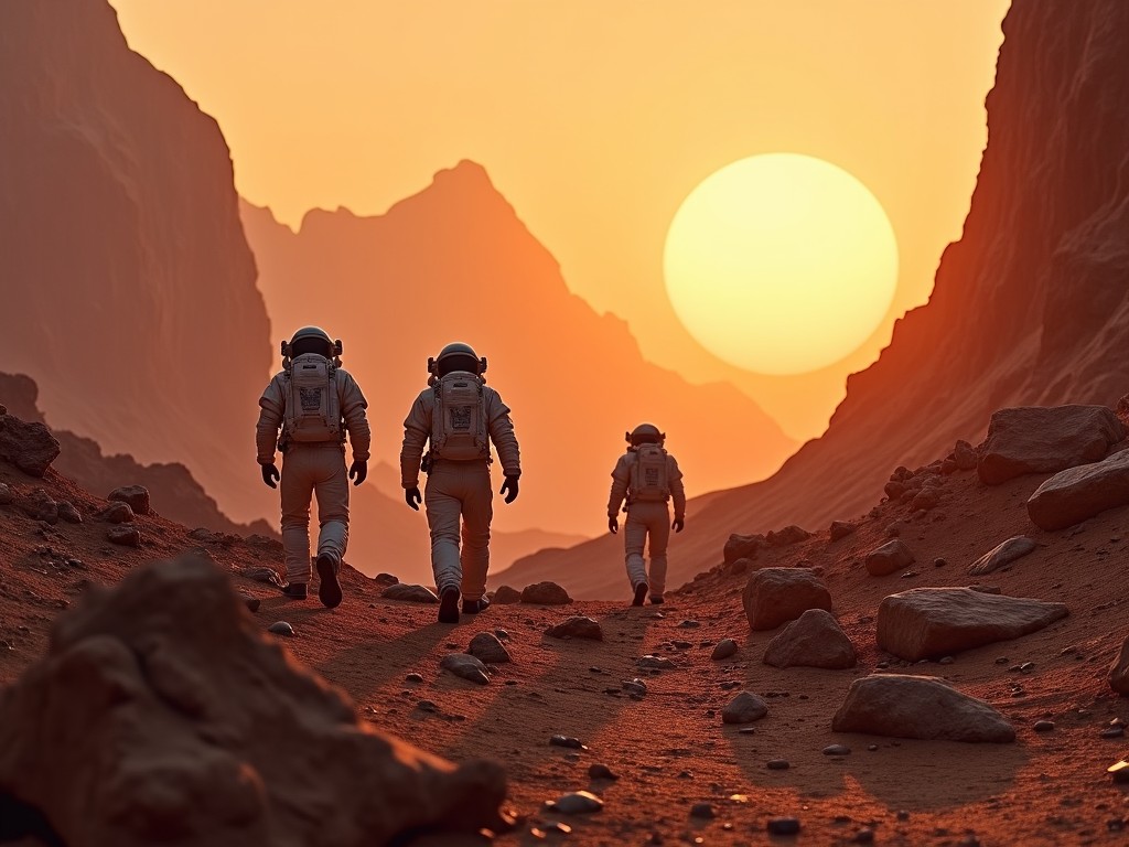 The image captures three astronauts walking across a Martian-like landscape. They are dressed in traditional space suits, indicating advanced technology. The rugged terrain is filled with rocks and canyons, showcasing the challenges of exploring Mars. A large, orange sun sets on the horizon, casting a warm glow over the scene. This backdrop of mountains conveys a sense of adventure and discovery. The astronauts march forward, embodying the spirit of exploration in space. The dramatic atmosphere emphasizes the unknown elements of their journey.