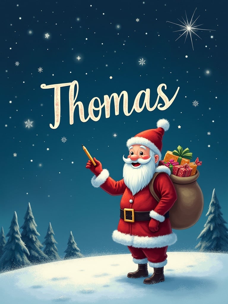 Santa Claus stands on snowy hill under starry night. He is writing names in the sky with a pencil. He is dressed in red and white. A large sack of gifts is on his back. The name 'Thomas’ is displayed in a whimsical font.