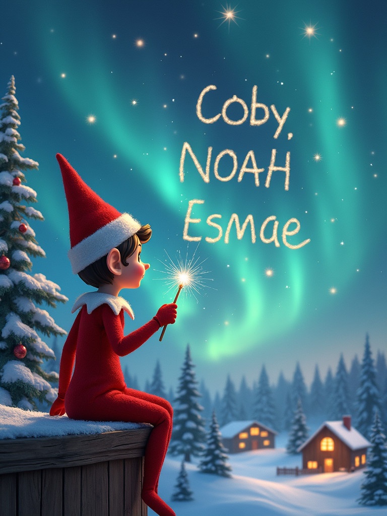 An elf dressed in red sits on a wooden ledge. The elf gazes at the magical sky. The elf holds a sparkling wand. The elf writes names in the sky. The names are Coby, Noah, Esmae. The background has a snowy landscape. Charming little houses are featured. Evergreen trees are present. The sky has shimmering Northern Lights. This scene embodies childhood magic and Christmas cheer.