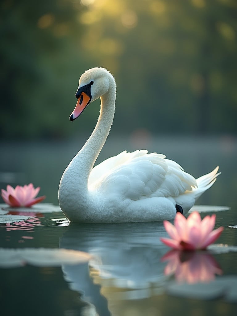 Image depicts a white swan meditating on a tranquil lake surrounded by lotus flowers. Ideal for inspiring and serene nature settings. Body of swan is luminous and the environment is calm and beautiful.