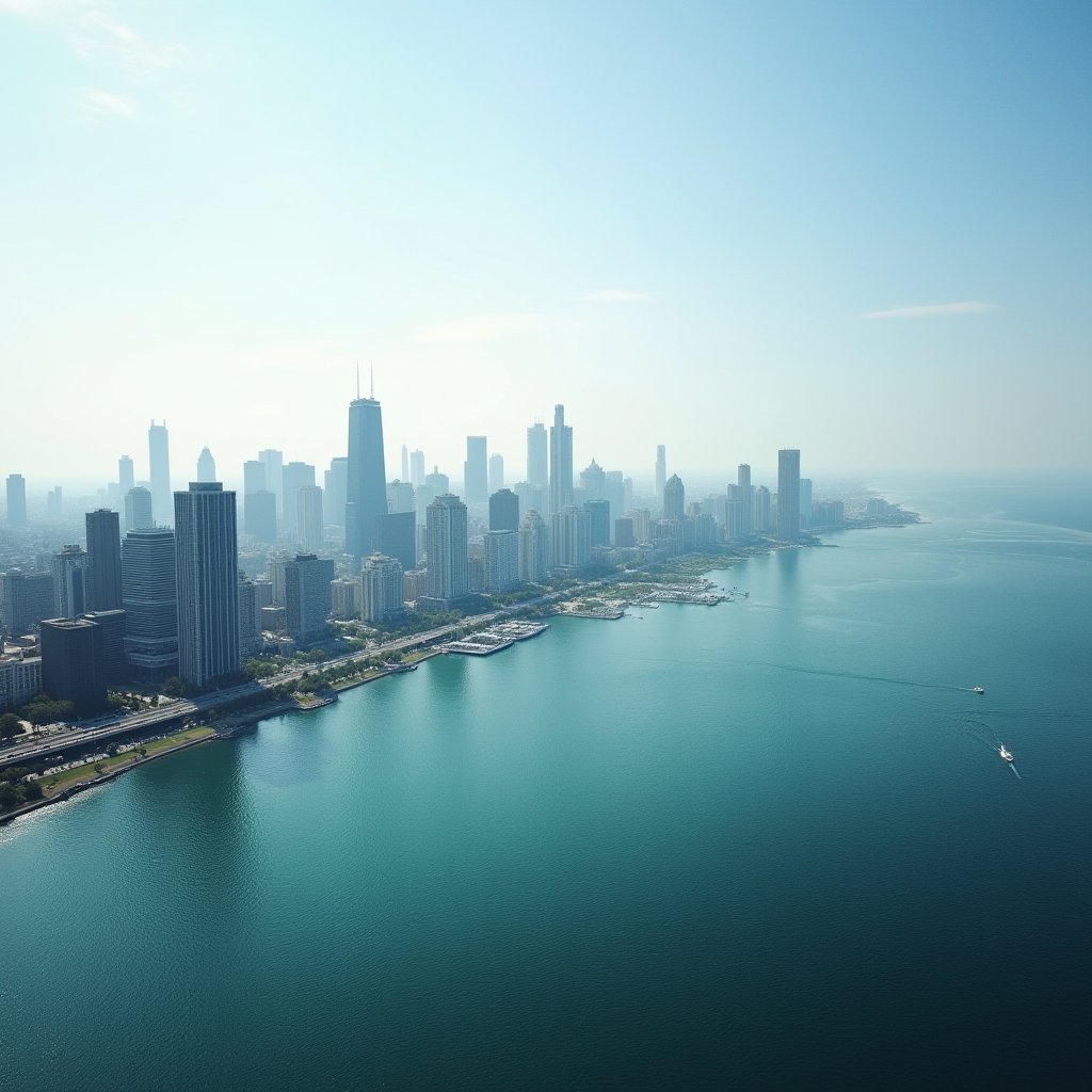 A city skyline stretches along a large body of water with clear blue skies overhead.