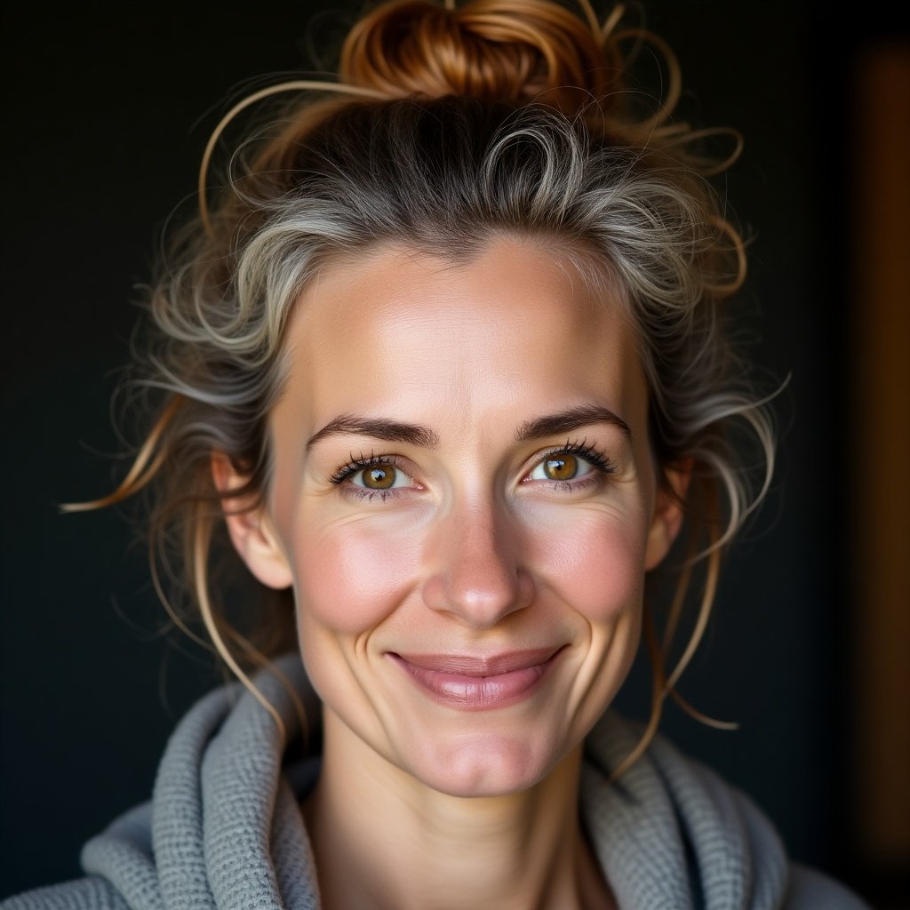 Woman staring at the camera. Graying auburn hair in a bun that wisps up in the front. Hazel eyes, laugh lines at the corners. Freckles.