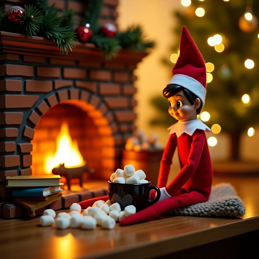 Elf doll sitting by a cozy fireplace. Marshmallows scattered around. A Christmas tree in the background with fairy lights. Brick fireplace with flames. Warm and festive atmosphere.