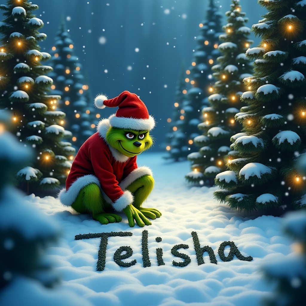 The Grinch is surrounded by Christmas trees in the snow. He wears a Santa hat. The Grinch writes the name Telisha in the snow.