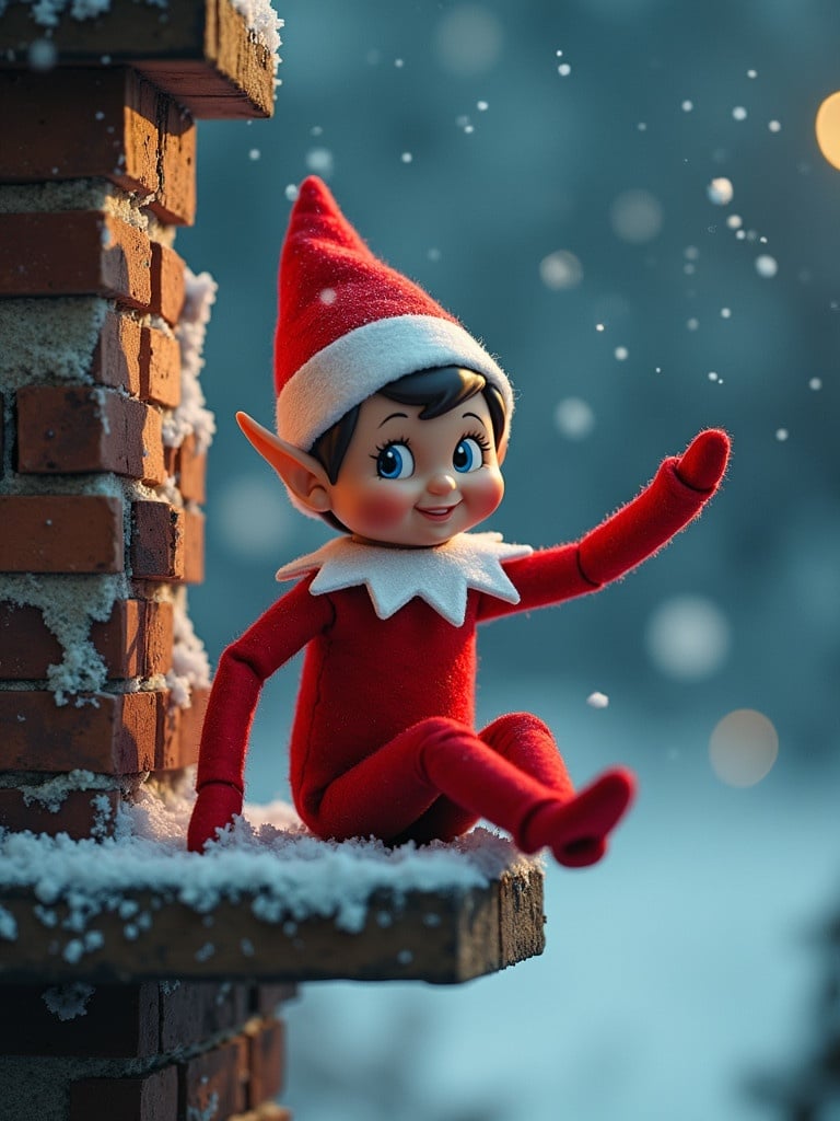 Elf on the shelf waving goodbye on the chimney. The elf has a red costume with a white collar. Snowflakes falling softly in a winter setting.