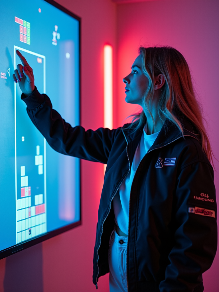 A woman interacts with a blue-lit digital touchscreen in a room illuminated by pink and blue neon lights.