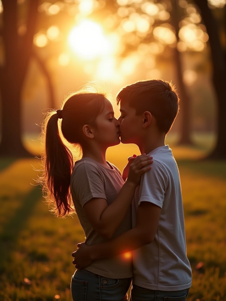 A girl and boy kiss in a park at sunset. Warm light enhances the scene. Focus on their embrace and surroundings. Evening atmosphere reflects love.