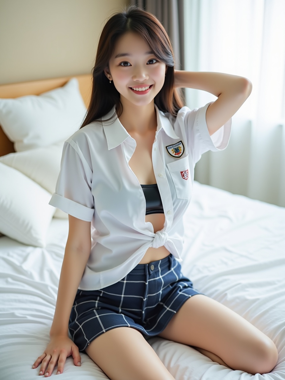 A young woman is sitting on a bed, exuding a sense of casual elegance. She wears a white shirt tied at the waist, paired with checkered shorts, and smiles warmly at the camera. The soft lighting from a nearby window adds a natural glow to the scene, emphasizing her relaxed and cheerful demeanor.