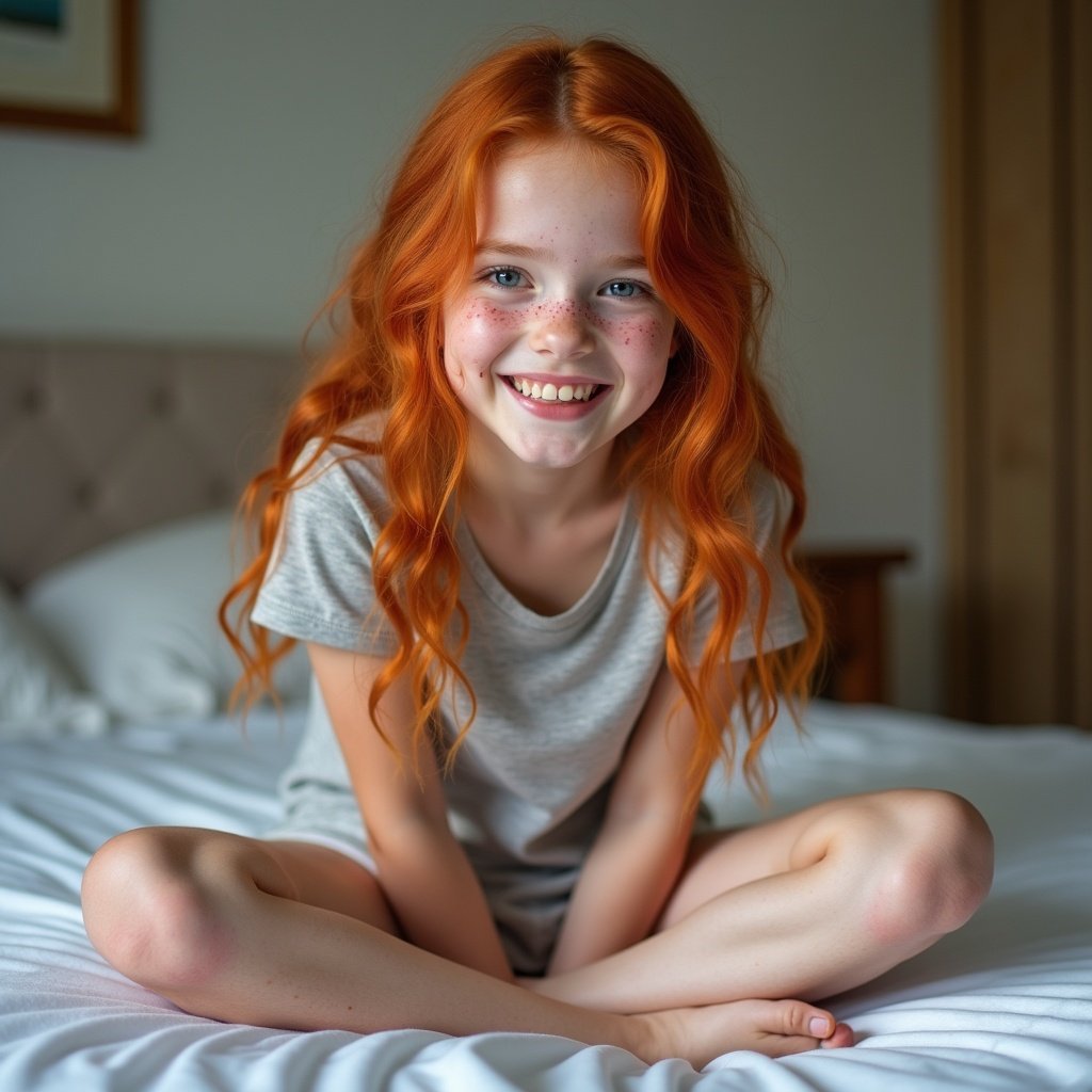 This image features a cheerful 13-year-old girl with vibrant red hair and pale freckles, sitting cross-legged on a bed. Her bright blue eyes are full of joy as she smiles brightly at the camera. The soft, natural light enhances the warmth of her hair and skin tone. She's dressed casually in a simple grey shirt, adding to her playful look. The background features a cozy bedroom setting, making the image feel inviting and homey.