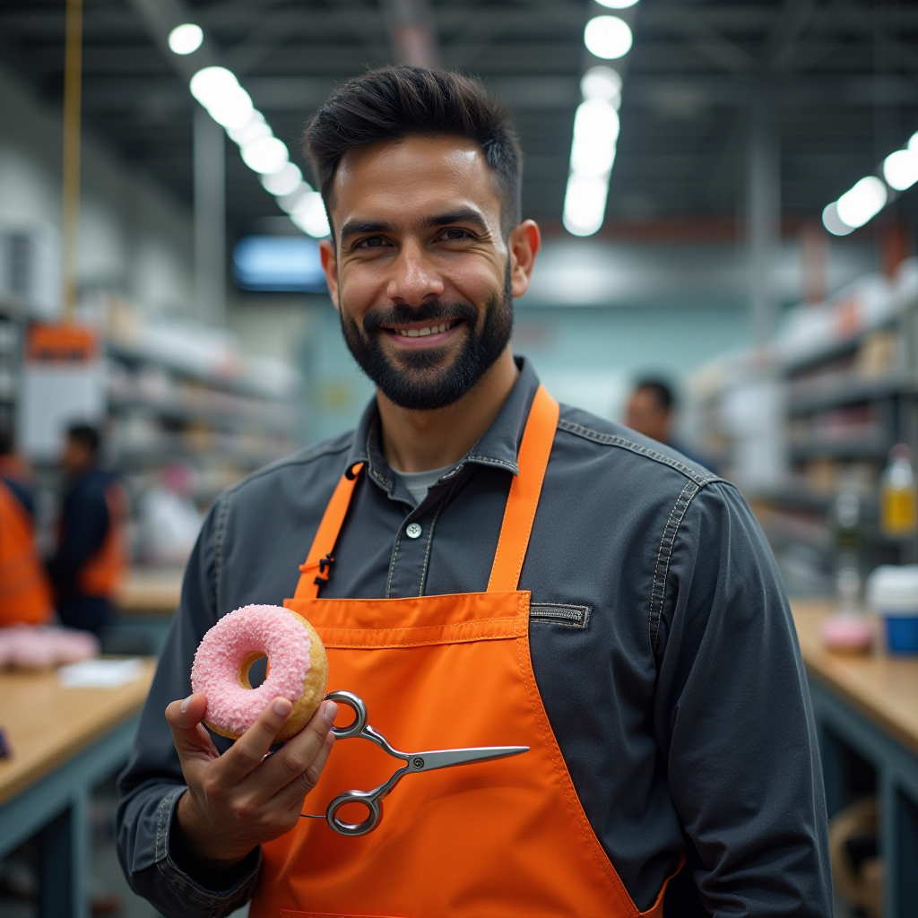 A smiling man in an orange apron holds a pink frosted donut and scissors in his hands, standing in a brightly lit workshop.