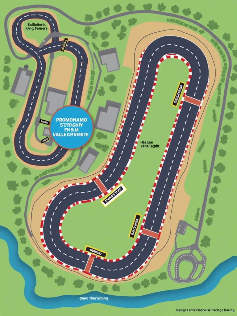 Illustration shows a detailed race track layout. Features multiple straights and numerous corners. Prominent main straight is 6km long. Designed for anti-clockwise racing to present unique challenges. Colorful segments of the track clearly indicated. Suitable for various racing events.