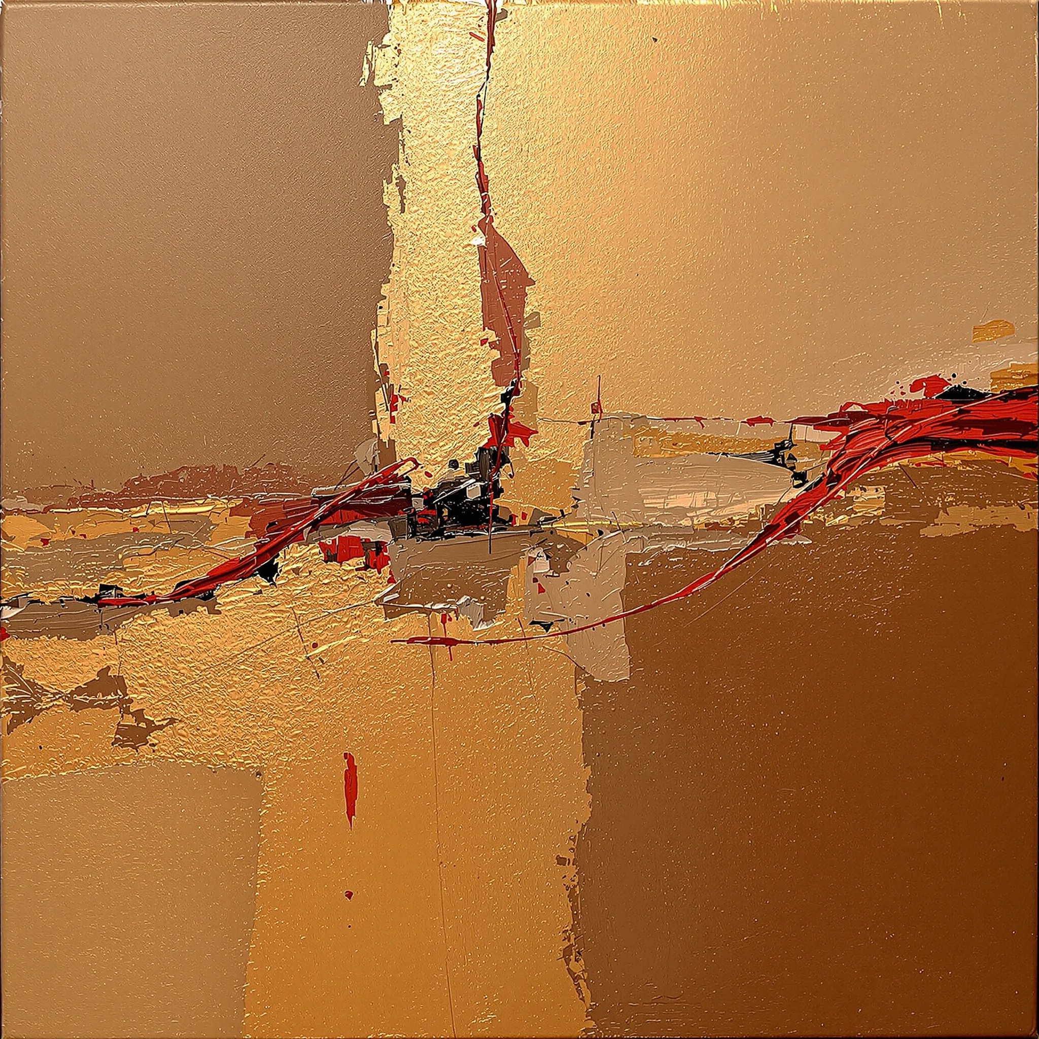 Abstract oil painting featuring a brown background with golden and red accents. Textured surfaces create depth and contrast. Lines intersect dynamically throughout the composition.