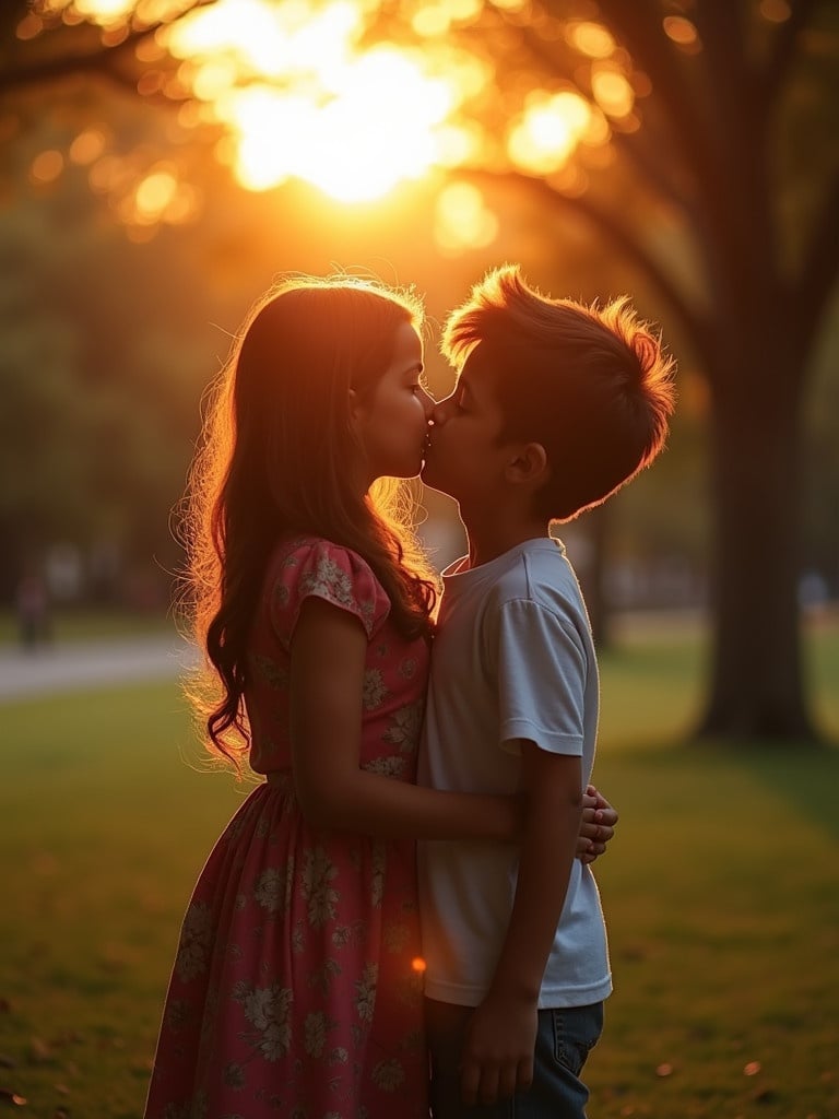 Girl and boy kissing in a park during sunset. Warm light surrounds them. Green grass and trees in the background.