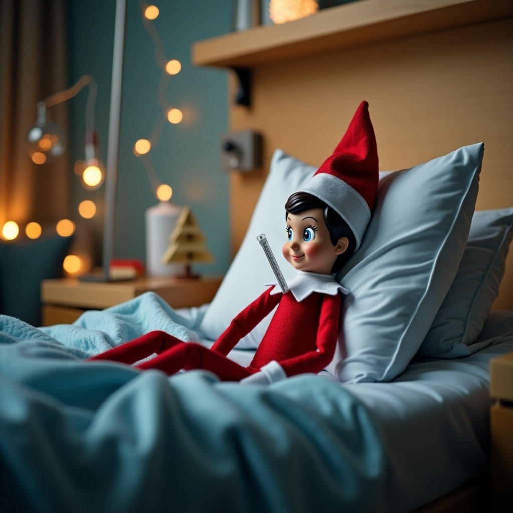 Elf sitting in hospital bed. Elf on the shelf style. Thermometer in mouth. Soft cozy room with gentle lighting. Fun festive decorations in background.