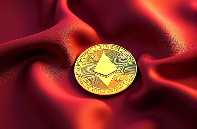 A golden Ethereum coin rests elegantly on vibrant red, silky fabric, creating a luxurious contrast.