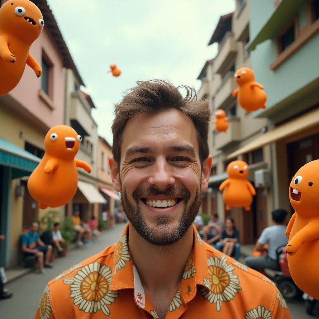 A surreal portrait of a smiling man surrounded by whimsical floating orange creatures. The background features unique futuristic architecture with a playful and vibrant atmosphere.