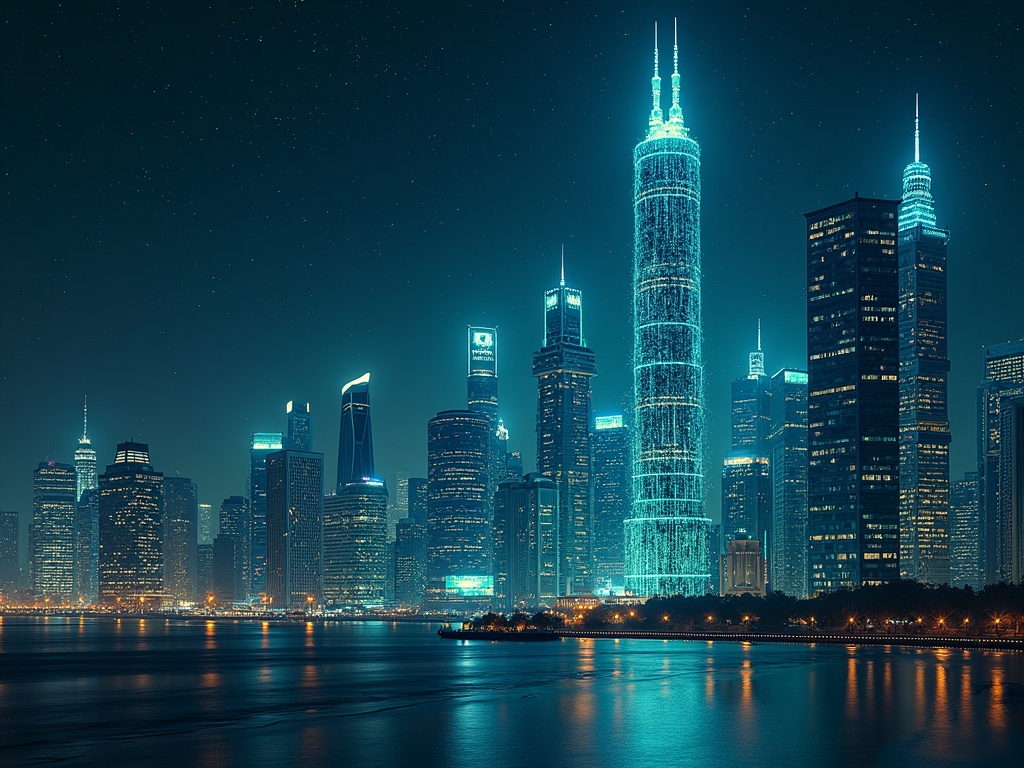 A dark blue starry background shows a futuristic cityscape. Towering corporate buildings exhibit cracks. Glowing green and blue digital lines weave through buildings. Buildings look as if breaking apart.