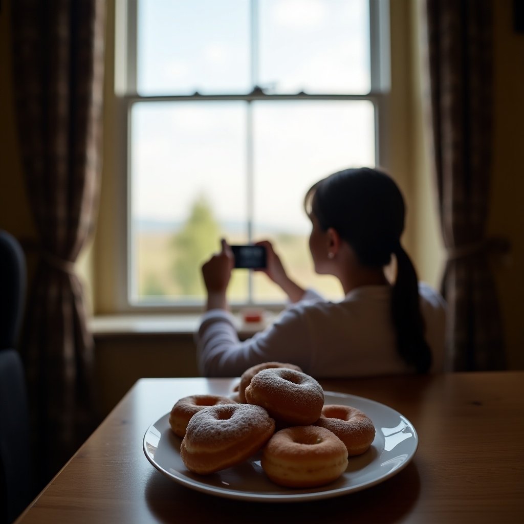 A plate of donuts is in the foreground. A person takes a photo of a serene window view. Background shows a bright window with outdoor scenery.