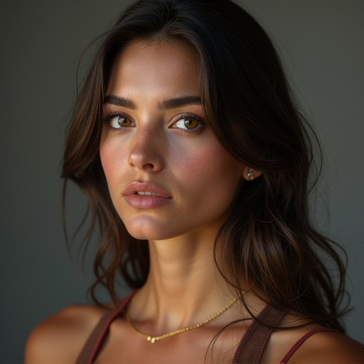 Photorealistic portrait of a Chilean nurse. Hair is wavy and long. Warm colors in the image. Natural and soft lighting. Jewelry includes a thin chain necklace. Focus on shoulders and neckline.