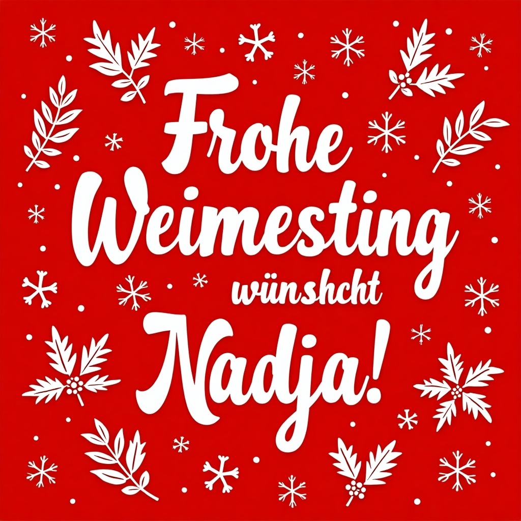 Festive holiday card with words Frohe Weihnachten wünscht Nadja prominently displayed in white cursive letters. Deep red background with white illustrations of holiday-themed elements like holly leaves and berries and snowflakes. Cheerful design conveying greetings for the holiday season.