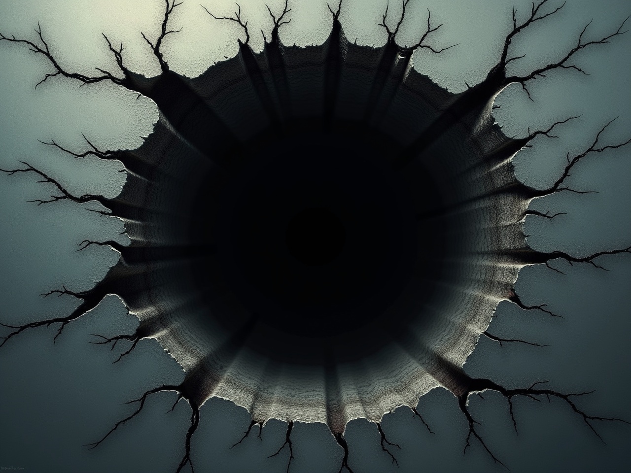 This image showcases an abstract representation of a dark hole surrounded by jagged, branching cracks. The hole appears to have depth, drawing the viewer's eye into its center. The overall color scheme is dark, with shades of black and gray dominating the scene. The cracked edges radiate outward, creating an impression of fragmentation. This artwork could symbolize various themes such as mystery, loss, or the unknown, making it open to interpretation.