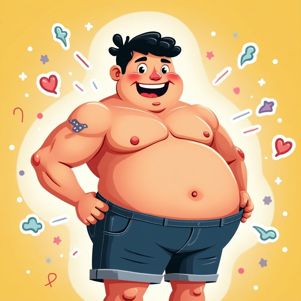 Illustrate a humorous fat Korean character with abs. Character wears shorts and has a cheerful expression. Background features playful shapes.