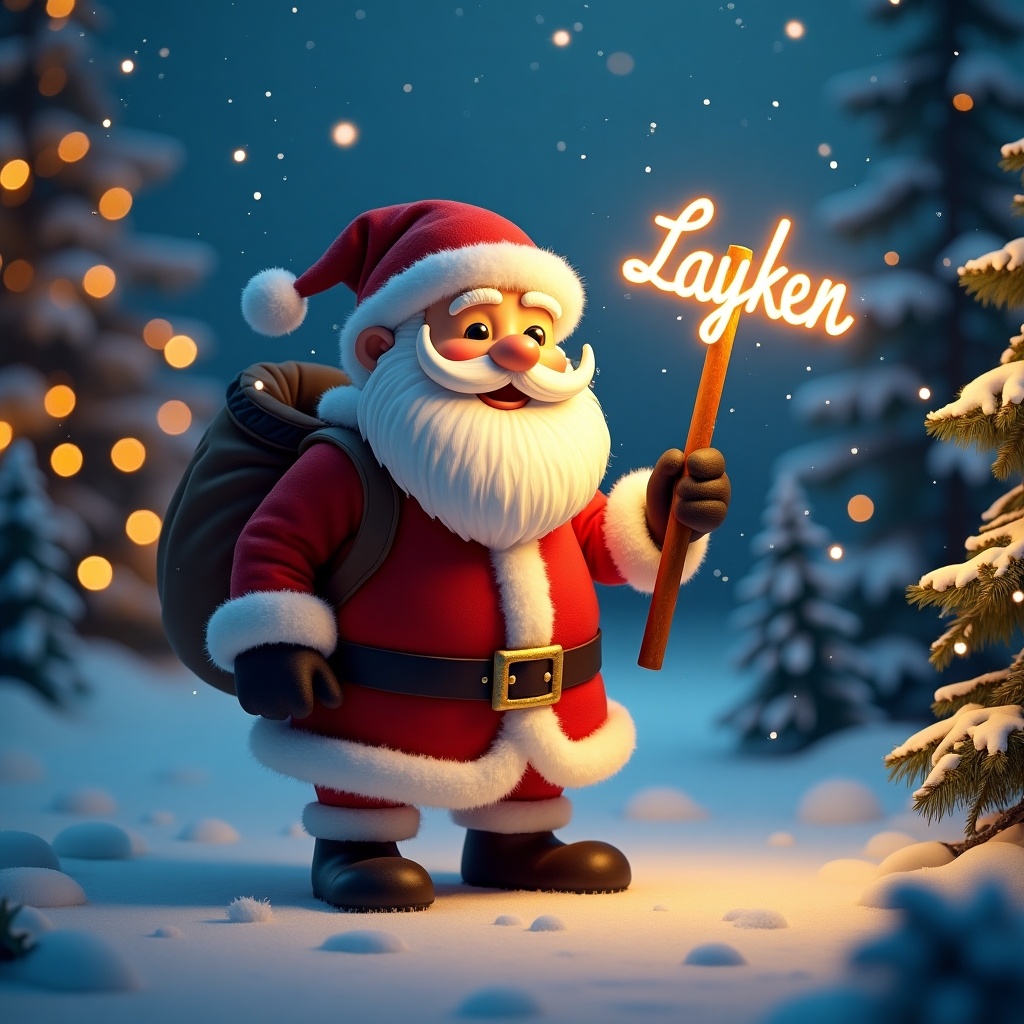 Santa Claus wearing a red outfit stands in a snowy forest. He holds a glowing stick that writes the name Layken in light. Snow-covered trees surround him. Soft glow from the stick adds magical ambiance.