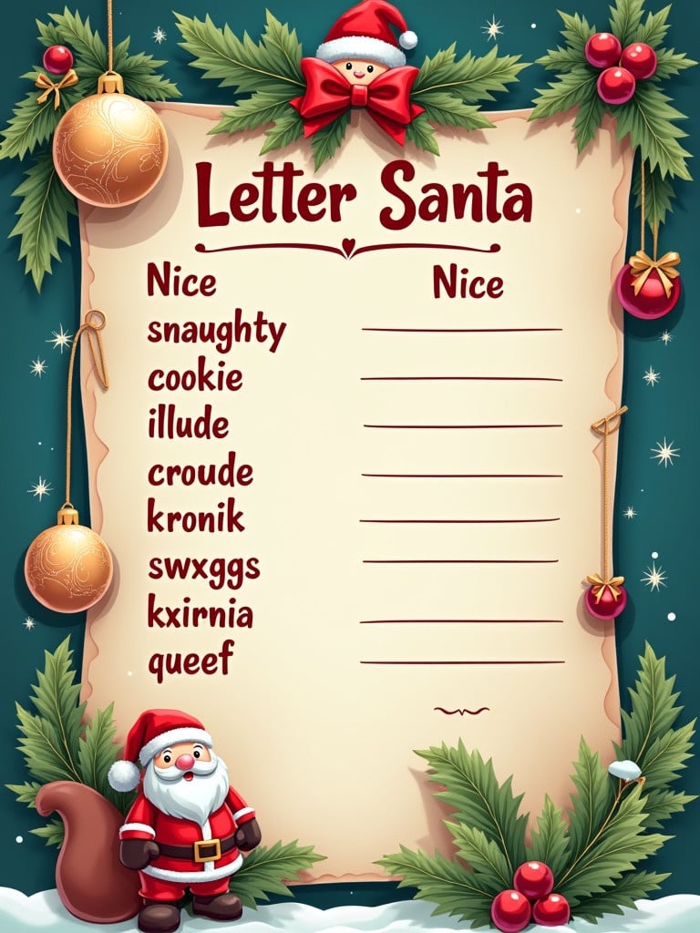 Letter from Santa with a Naughty and Nice list. List includes names. Decorated with Christmas elements.