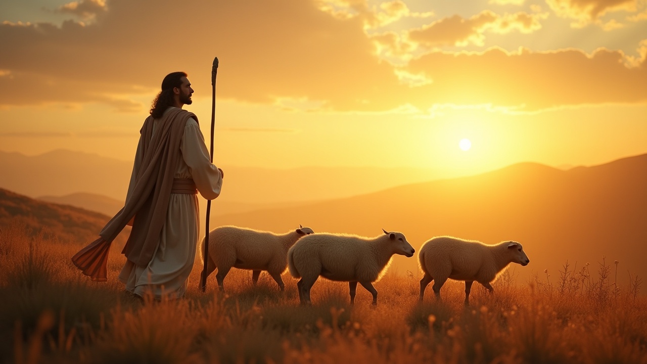 A shepherd guiding sheep during a golden sunset in a serene pastoral landscape.