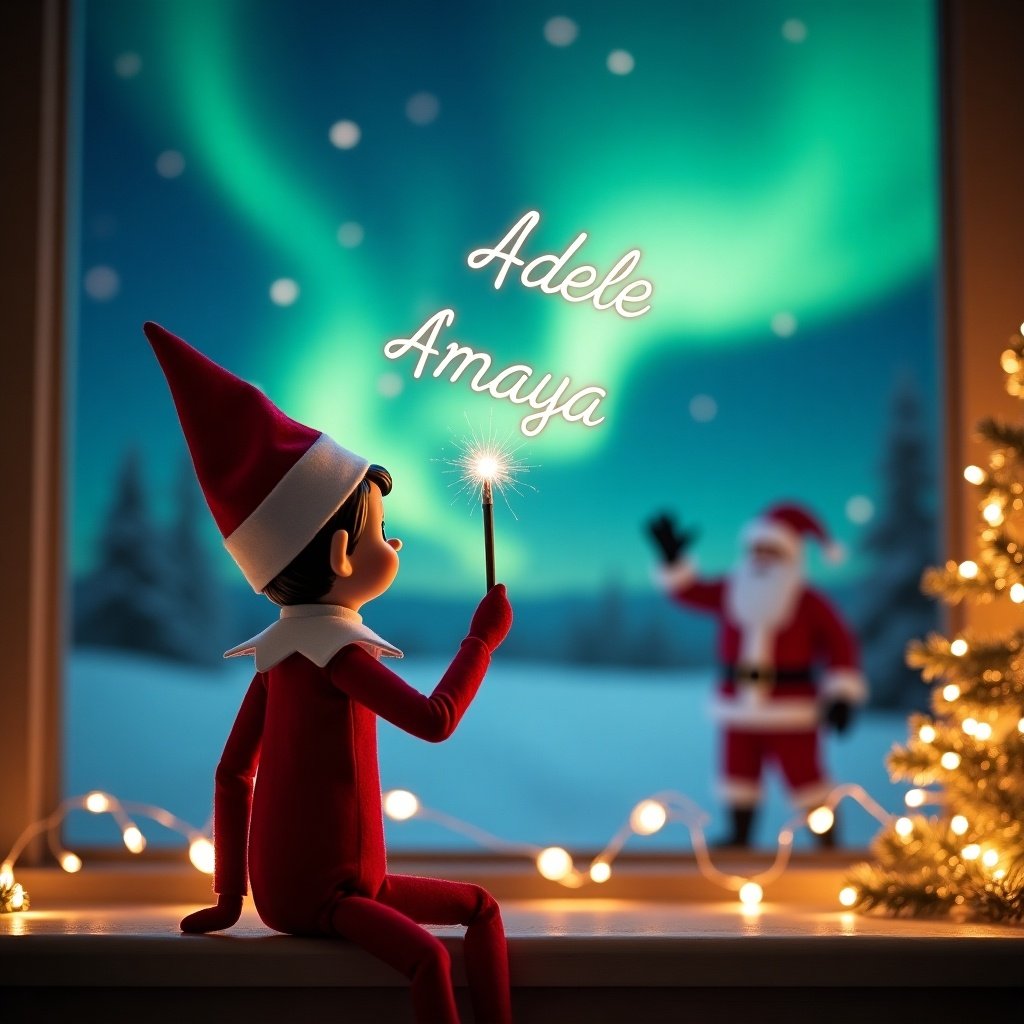 An adorable scene captures an Elf on the Shelf with his back to the viewer. He is facing a breathtaking nighttime sky illuminated by the northern lights. The elf, dressed in traditional holiday attire, is using a magic wand to elegantly write the names 'Adele', 'Amaya', and 'Alina' in the air. In the background, Santa Claus joyfully waves, creating a sense of wonder and joy. The scene is completed with decorative Christmas elements like a beautifully lit tree and twinkling fairy lights, evoking a festive spirit.