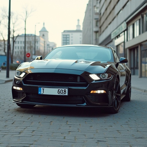 A sleek black sports car parked on a city street. The backdrop features modern buildings and soft natural light. The car is highlighted in foreground. The atmosphere feels dynamic and urban.