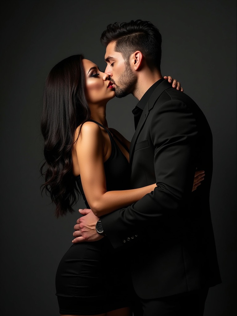 A couple stands close together. They are poised as if sharing a kiss. The woman has long dark hair and bold makeup. The man has short hair and a rugged look. Both wear elegant black outfits. The atmosphere suggests intimacy and sophistication.