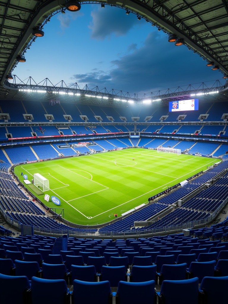 Wide-angle view of an urban stadium with grandstands. Blue seats surround the football field. Evening lighting creates an atmospheric setting. The field is lush green. Scoreboard displays visible. No viewers in the stands. Modern design features like sleek facades and metallic structures can be seen. A dramatic perspective shows the angles of the seating and floodlighting.