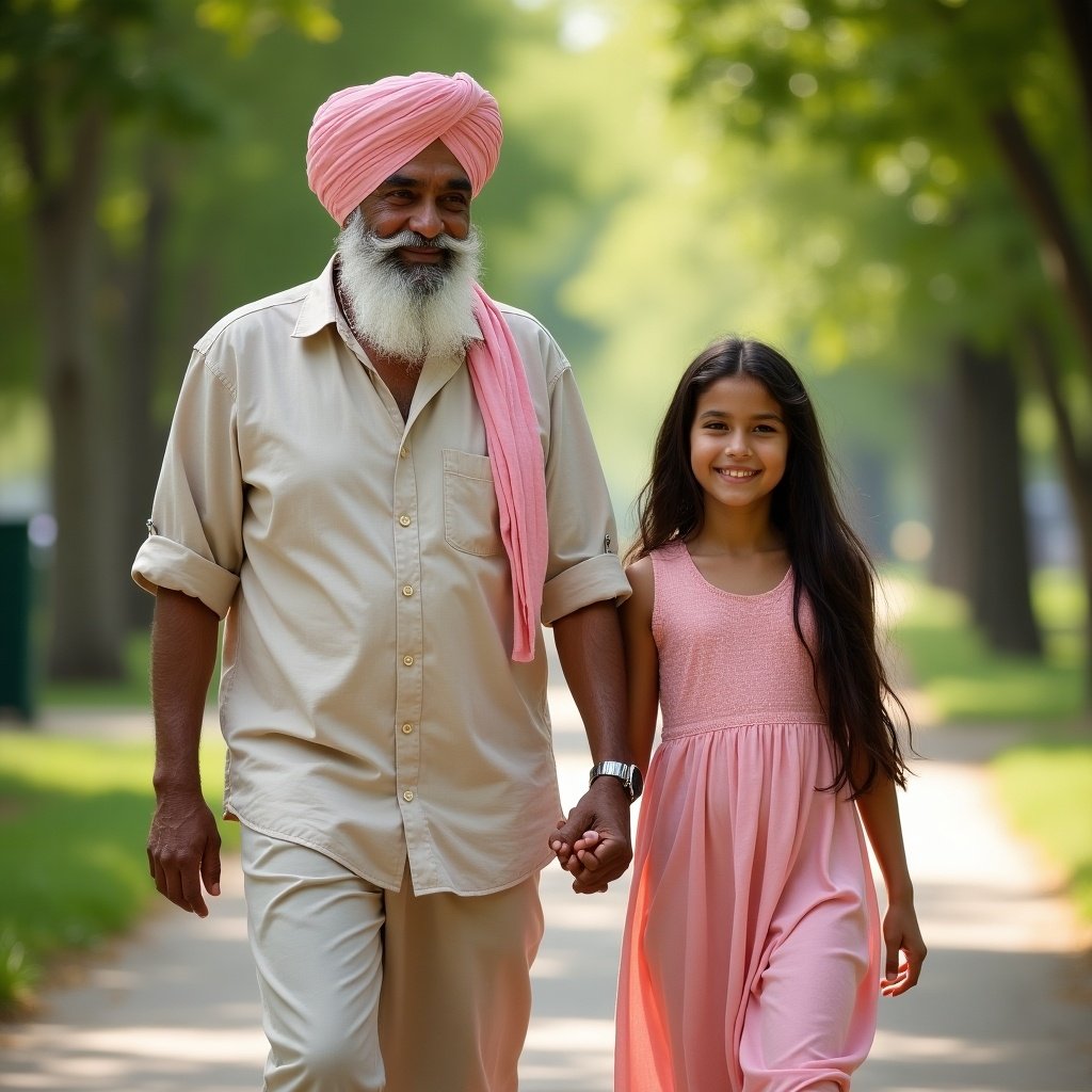 A 50-year-old man in a Punjabi turban walks alongside his 14-year-old daughter. They are outdoors on a path surrounded by trees. The atmosphere is warm and friendly.