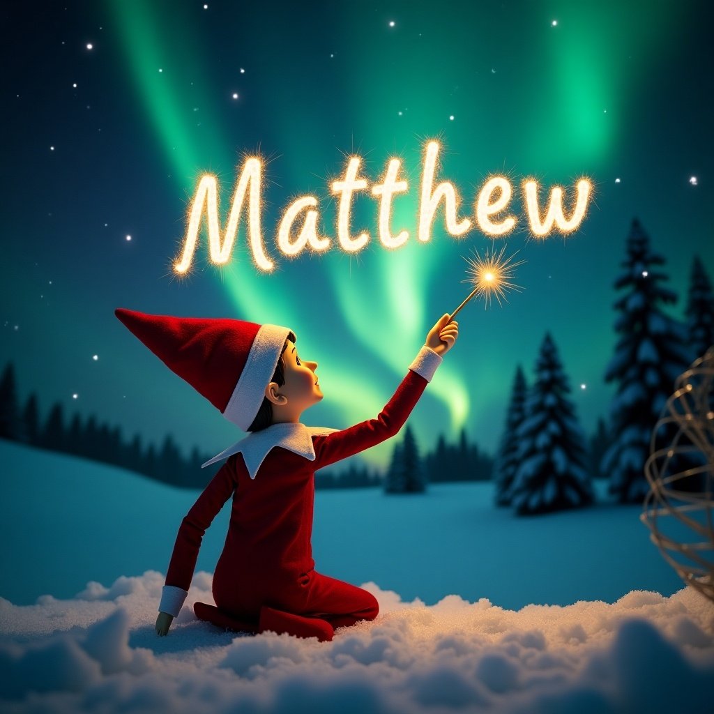 This enchanting image captures an elf on the shelf in a winter wonderland. The elf, dressed in red, sits on a snowy ground, looking up at a mesmerizing display of northern lights. Holding a magic wand, it writes the name 'Matthew' in sparkling letters against the night sky. The scene radiates holiday joy and wonder, evoking the spirit of Christmas. The cozy, serene landscape enhances the magical experience.