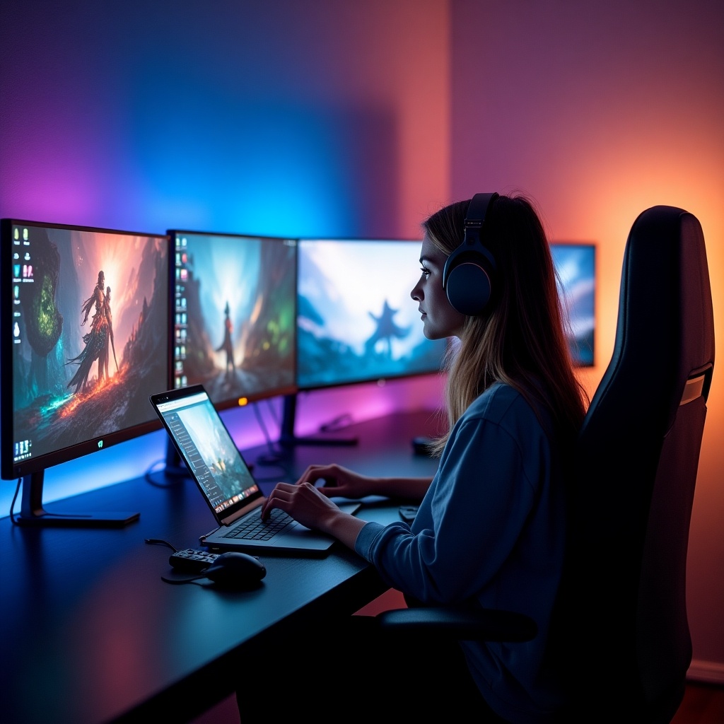 Woman focused on work at stylish desk with laptop. Multiple monitors display colorful 2D game graphics. Room illuminated with soothing neon lights. Headphones indicate immersive gaming experience. Modern gaming and technology setup.