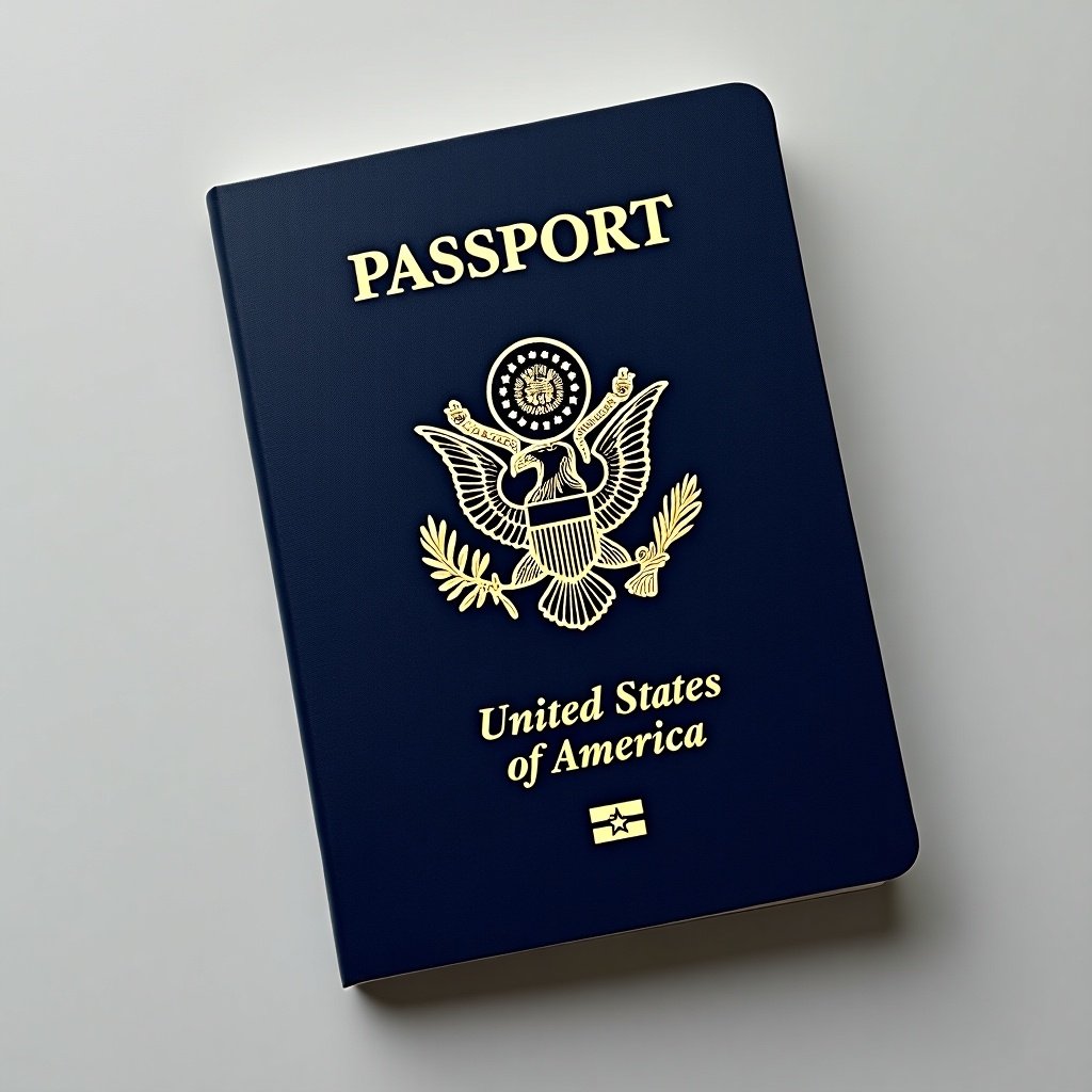 Image of the front cover of a U.S. passport. Features the country emblem. Background is neutral. Passport cover is deep blue with golden lettering. Words 'United States of America' are embossed. Inner details are slightly visible. Passport symbolizes national identity and travel.