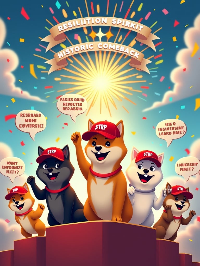 Vibrant and inspiring cartoon meme featuring four Shiba Inu characters on a podium. The scene has confetti and fireworks in a festive sky. Characters wear red caps with the $TRP logo. Golden Shiba stands tall, pointing to a bright future. Others cheer with determination. Banner reads 'Resilient Spirit, Historic Comeback'.