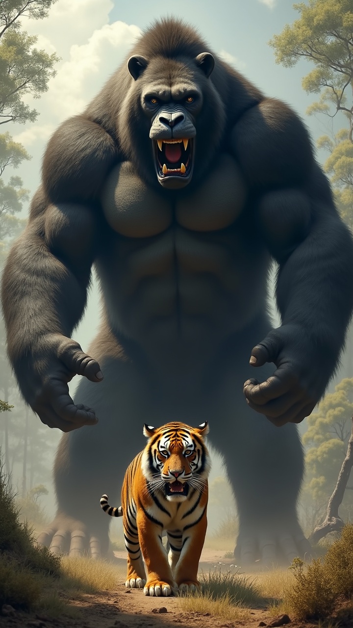 The image depicts a colossal, mythical gorilla-like creature standing protectively behind a tiger. The scene is set in a lush forest, with the towering beast exuding strength and power, while the tiger walks confidently at the front. The combination of the massive guardian with the alert tiger evokes a sense of awe and respect for nature's grandeur.