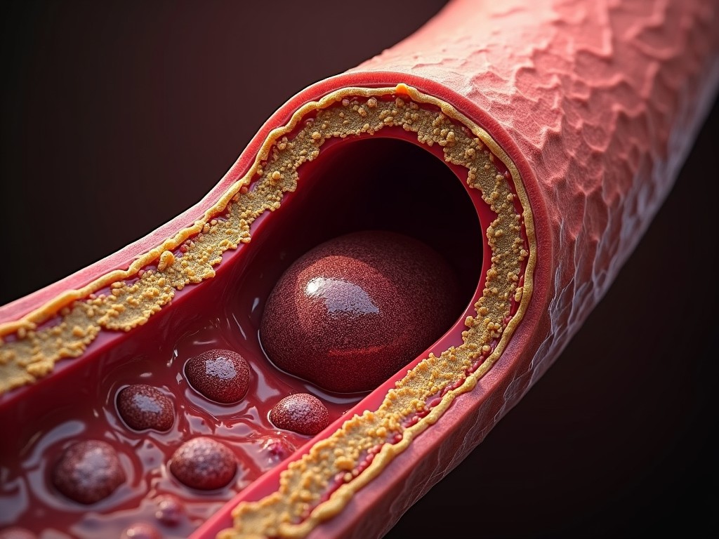 This 3D-rendered illustration provides a detailed cross-section view of an artery clogged with plaque. The image shows a reddish, cylindrical artery with yellowish plaque deposits along the inner walls, which narrow the passage for the blood cells depicted as dark red spheres. The visualization highlights the effects of high cholesterol on arterial health.