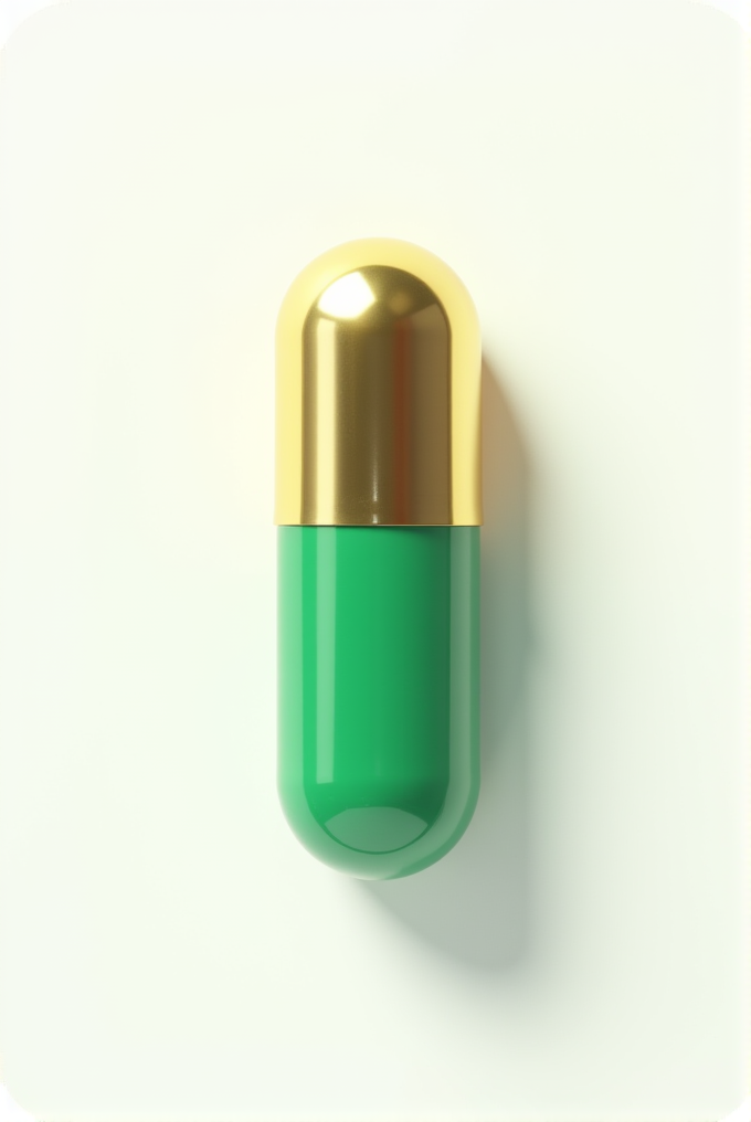 A green capsule with a shiny golden cap stands vertically on a light background.