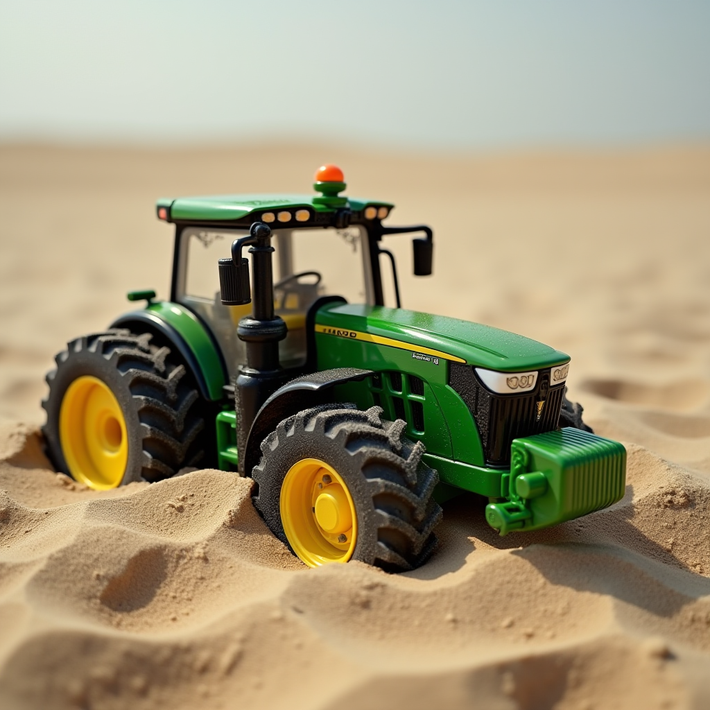 A green and yellow toy tractor sits in the desert sand under a clear blue sky.